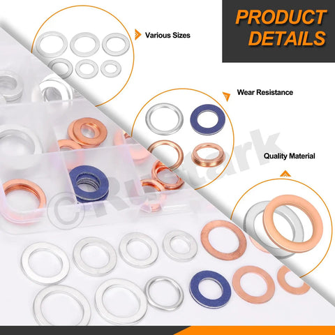 Oil Drain Plug Gasket And Crush Washer Set With 14 Sizes Aluminum And Copper Flat Washers showing product details like wear resistance.