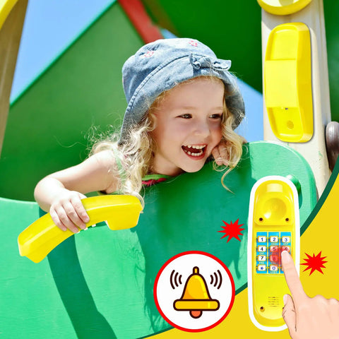 Child playing with toy phone from Pirate Ship Playground Accessories Set With Ship Wheels Telescopes And Safety Handles