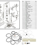 Diagram and components of 20 Ton Air Hydraulic Bottle Jack Seal Replacement Kit 5302 MRK 35 Piece Set For Full Overhaul