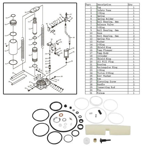 Diagram and components of 20 Ton Air Hydraulic Bottle Jack Seal Replacement Kit 5302 MRK 35 Piece Set For Full Overhaul