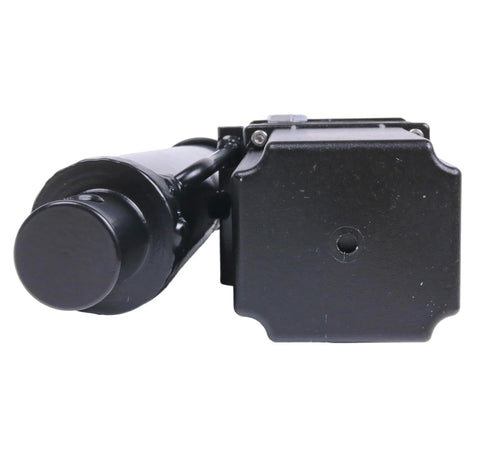 Side view of black DC 12V electric linear actuator with cylindrical motor housing and square end cap