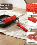 Heavy Duty Texture Paint Roller With Ultra Soft Rubber Face For Killer Wall Art And Badass Accent Panels Ideal For Easy DIY Home Upgrades And Hella Thick Paint Application, showing rubber roller and tray on a drop cloth.