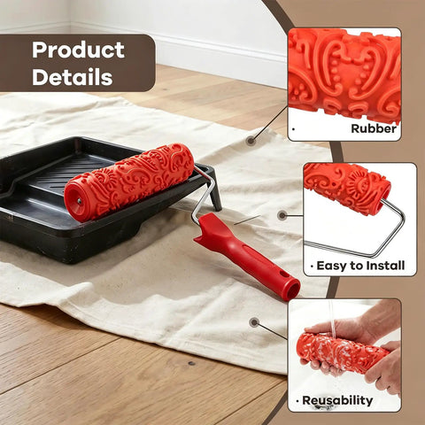 Heavy Duty Texture Paint Roller With Ultra Soft Rubber Face For Killer Wall Art And Badass Accent Panels Ideal For Easy DIY Home Upgrades And Hella Thick Paint Application, showing rubber roller and tray on a drop cloth.