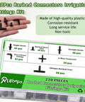 Pro Grade 220 Piece Barbed Irrigation Fittings Kit For One Quarter Inch Tubing box with various connectors displayed