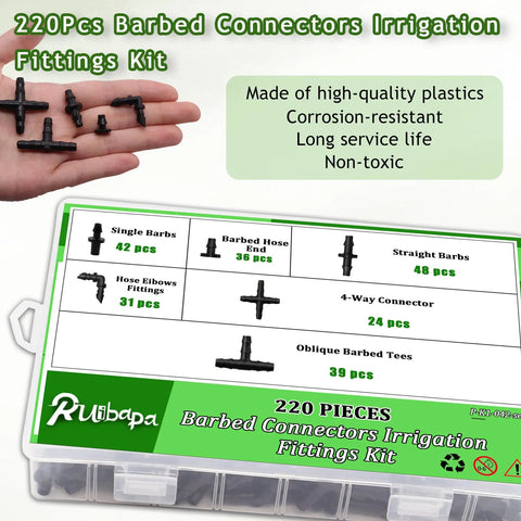 Pro Grade 220 Piece Barbed Irrigation Fittings Kit For One Quarter Inch Tubing box with various connectors displayed