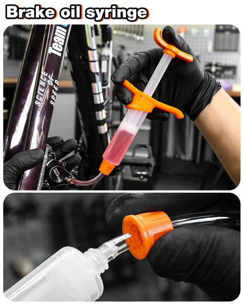 Hydraulic Bike Brake Bleed Kit For Shimano, SRAM, Tektro, And Magura, syringe detail with orange fittings in use