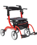 Heavy Duty Dual Function Rollator And Compact Transport Wheelchair In Vibrant Red Featuring Rapid Adjust Backrest side view with wheels.