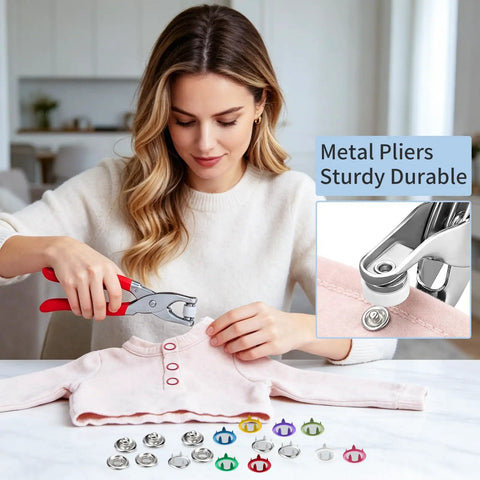 Woman using metal pliers on pink baby garment with snap fasteners, part of Nifty 9.5 Mm Hollow Metal Snap Fasteners Kit.