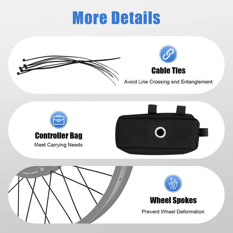Image showing cable ties, controller bag, and wheel spokes in the Beefy 1500W 48V Rear Hub Ebike Conversion Kit with LCD Display.
