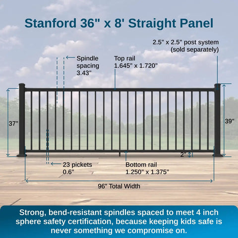 Heavy Duty Aluminum Deck Railing Kit 36 Inch Height By 8 Feet Width With Solid Breadloaf Grip, straight panel with dimensions.