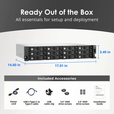 Heavy Duty 2U Rackmount JBOD Array 12 Bay SATA Storage Box With USB4 40Gbps Type C Port and included accessories for setup.