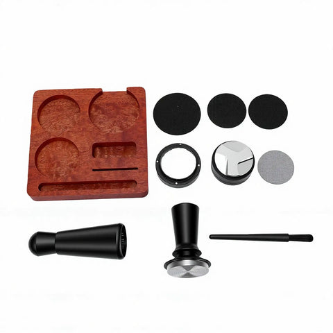 Top Shelf Espresso Setup 51mm Spring Loaded Tamper Set With 7 Pro Premium Barista Tools And Sapele Wood Station components arranged on white backdrop.