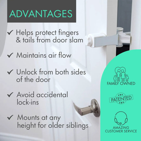 Adjustable Portable Door Lock With Heavy Duty Pet And Child Safety Latch shows advantages of protecting fingers and maintaining airflow.