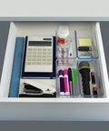 Clear Drawer Organizer Set Of 4 Pieces For Office, Home, Kitchen And Makeup Storage, Grab And Go Crystal Clear Plastic Modular Box Trays For Junk Drawers, Easy To See And Use, Each Measures 6.25 X 3.13 X 2.13 Inches in a drawer with office supplies