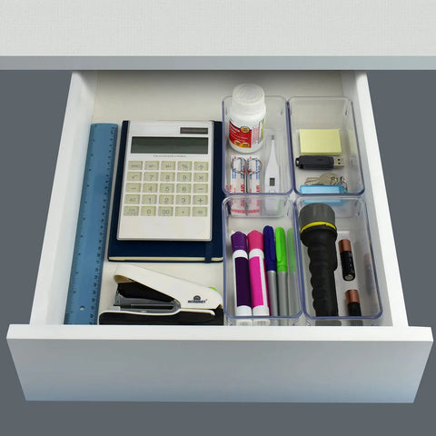 Clear Drawer Organizer Set Of 4 Pieces For Office, Home, Kitchen And Makeup Storage, Grab And Go Crystal Clear Plastic Modular Box Trays For Junk Drawers, Easy To See And Use, Each Measures 6.25 X 3.13 X 2.13 Inches in a drawer with office supplies