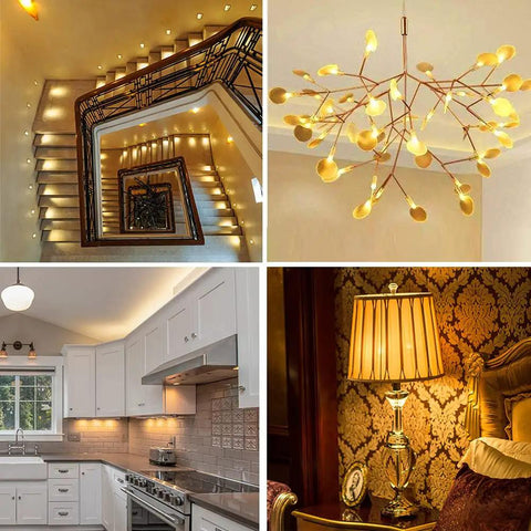 G4 Halogen Bulbs 12 Pack 12V 20W JC T3 Bi Pin Dimmable Warm White lighting in staircase, chandelier, and kitchen settings.