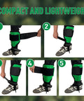Built Tough Tree Climbing Spikes Set with adjustable straps shown step-by-step, green high strength alloy steel construction.