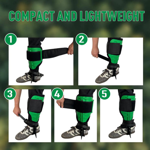 Built Tough Tree Climbing Spikes Set with adjustable straps shown step-by-step, green high strength alloy steel construction.