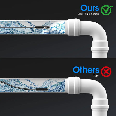 Illustration comparing Endoscope With Light 1920P HD Borescope 7.9mm probe design, highlighting semi-rigid vs soft type in pipes.