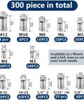 Rivet Nut Kit With 300 Pcs Metric And SAE Rivet Nuts M3 Through M12 And 8-32 Through 1/4-20 In 304 Stainless Flat Head Nutserts chart