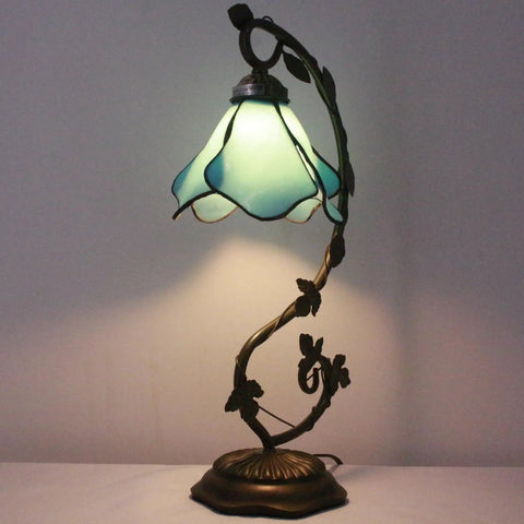 Blue Tiffany Style Stained Glass Table Lamp With Metal Leaf Base, Desk Reading Light For Small Spaces, 21 Inch Tall, Bronze Finish, UL Listed