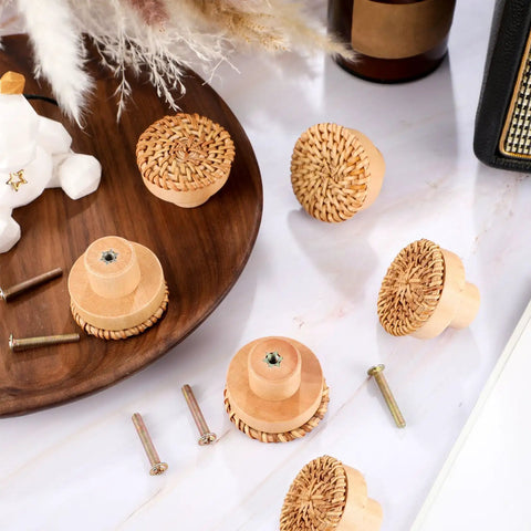 Boho Rattan Dresser Knobs Set With Six Handmade Round Wood Pulls And Six Screws on elegant display