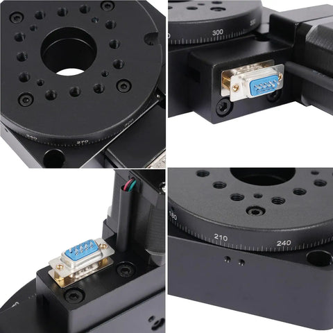 Heavy Duty Electric Rotating Table Slick Worm Gear Motorized Rotary Stage Rocking 100 Millimeter Bearing Scale view with precise markings and ports.