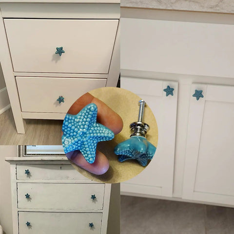 Four Pack Starfish Drawer Knobs Set, Coastal Ceramic Cabinet Hardware In Ocean Blue, Durable Zinc Alloy And Ceramic Build, Beachy Ocean Vibe Themed Kitchen Dresser Drawer Knobs For Cabinets. 34 mm starfish knob on white cabinet