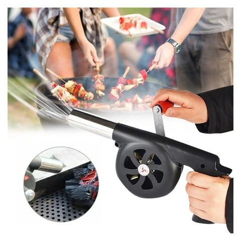 Hand Cranked Portable BBQ Fan and Campfire Bellows to Amp Up Yard Flames Fast With Durable Metal Body and Effortless Pump Design for Weekend Cookout Sessions in use at a BBQ.