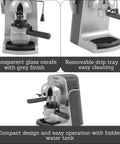 Compact Electric Bistro Style Espresso And Cappuccino Maker With Durable Glass Carafe Delivers Straight Up Prime Flavor for easy operation and cleaning.
