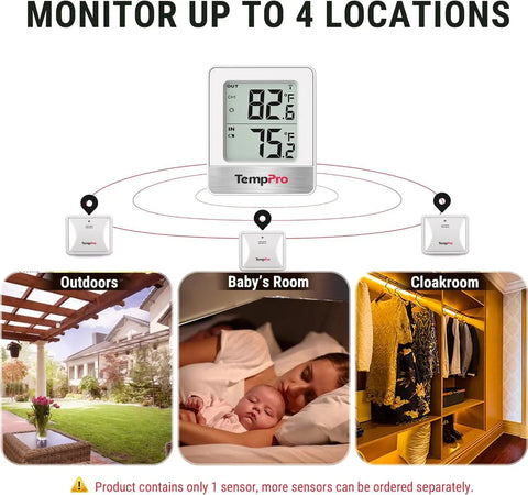 Wireless Indoor Outdoor Thermometer with 500ft range monitoring multiple locations, including outdoors, baby’s room, and cloakroom.