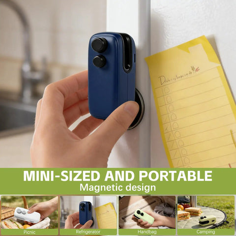 2 Pack Rechargeable 2 In 1 Mini Bag Sealer And Cutter Grab And Go Portable Resealer Machine attached to refrigerator