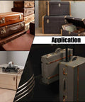 Various vintage and modern luggage showcasing Black Plastic Luggage Trunk Pull Handles Set Of 6 With Mounting Screws For Suitcases.