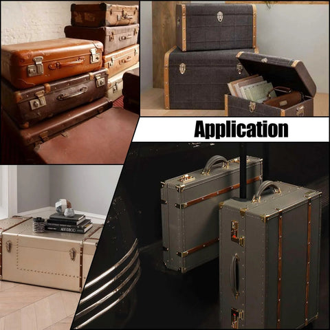 Various vintage and modern luggage showcasing Black Plastic Luggage Trunk Pull Handles Set Of 6 With Mounting Screws For Suitcases.