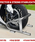 Heavy Duty Motorcycle Wheel Chock Stand Fits 5.5 Inch Wide Tires Portable Removable Chock For Trailer And Garage Silver One Pack Easy Mount For Home Garage Or On The Go