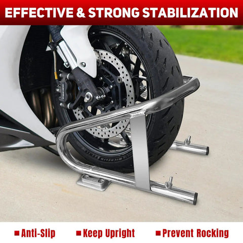 Heavy Duty Motorcycle Wheel Chock Stand Fits 5.5 Inch Wide Tires Portable Removable Chock For Trailer And Garage Silver One Pack Easy Mount For Home Garage Or On The Go