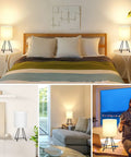 Two Pack Black Metal Bedside Lamps With Linen Shade for bedroom and living room, shown on nightstands and side tables.