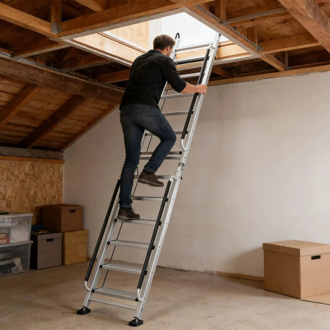 Foldable Aluminum Attic Ladder With 8 Step Design Portable Bunk Bed Access Stair With Handrails Built Tough Anti Slip Metal Climb Step Ladder For Dorm RV Home Supports 330 Lbs Easy Fold And Store, man climbing in attic