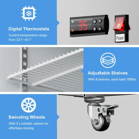 Digital thermostats and adjustable shelves in Heavy Duty Four Door Commercial Refrigerator With Stainless Steel Reach In build.