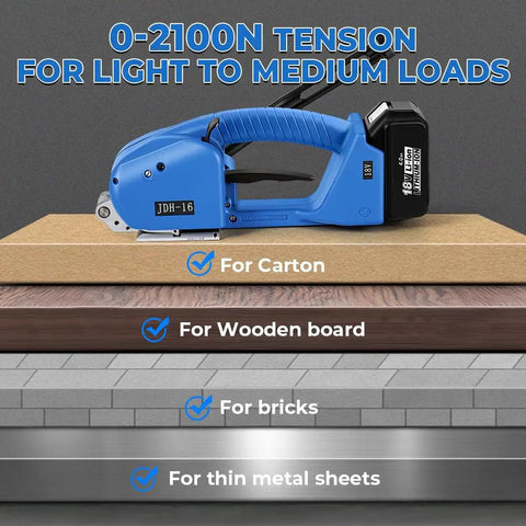 Handy Workhorse Semi Automatic Electric Strapping Machine Dual 4000mAh Batteries Manual Tensioning Control on packing materials.