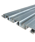 Close-up of double sided aluminum slatwall panel 24 inch long 5 inch wide for retail displays heavy duty construction