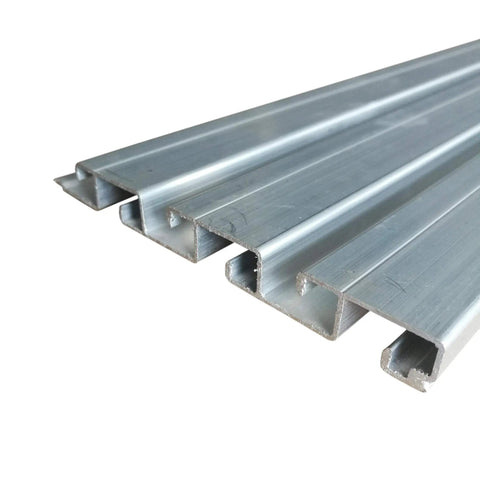 Close-up of double sided aluminum slatwall panel 24 inch long 5 inch wide for retail displays heavy duty construction