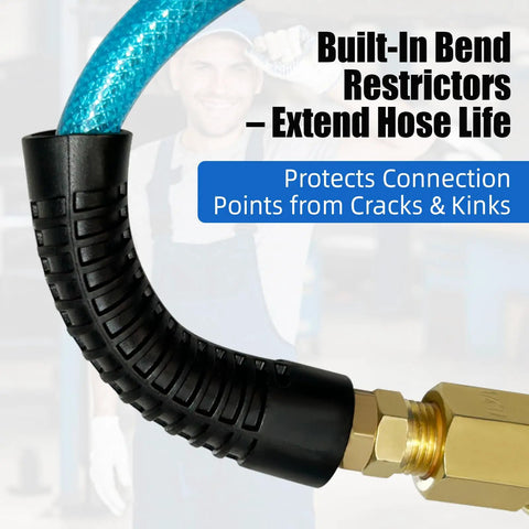 Heavy Duty 25Ft 1/4 Inch Polyurethane Air Hose With Braided Reinforcement showing bend restrictor and brass fittings