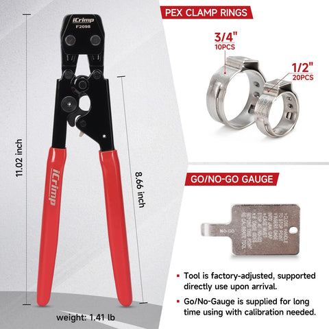 DIY Ready PEX Pipe Clamp Cinching Tool Kit For Stainless Steel Clamps From 3 Eighths Inch To 1 Inch with included PEX cutter and rings.