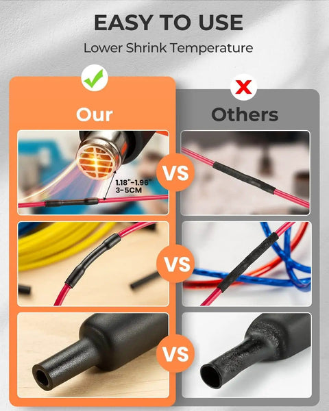 Comparison of 400 Pcs Heat Shrink Tubing Kit With 3 To 1 Shrink Ratio Adhesive Lined Marine Grade Black Tubing for effective sealing.