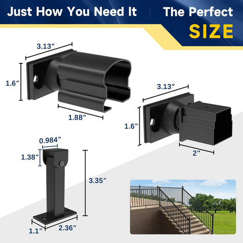Heavy Duty Aluminum Railing Brackets 4 Pack With Stair Foot For Angled Decks And Porches, sizes 3.13" and 2" for installation.