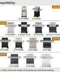 Compatibility chart for 2 to 6 burner grills including 720-0830H and 720-0888, for use with the five pack heat plate replacement set.