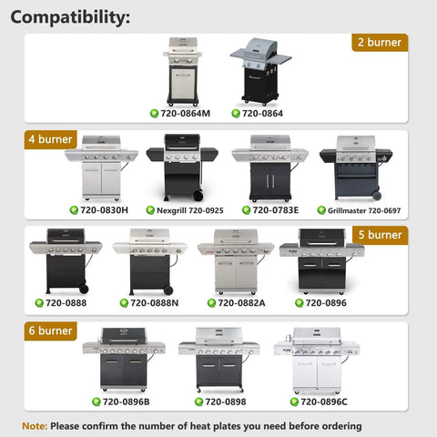 Compatibility chart for 2 to 6 burner grills including 720-0830H and 720-0888, for use with the five pack heat plate replacement set.