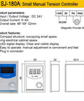 SJ-180A Small Manual Tension Controller front and side view with dimensions and features