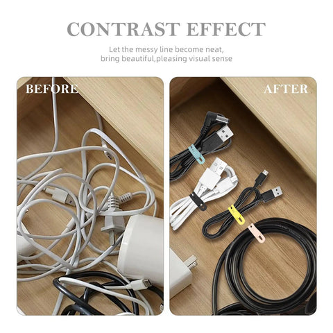 Before and after image showing tangled cords vs. organized cords using Silicone Cable Ties Set, 30 Pcs Reusable Washable Cable Management Straps.